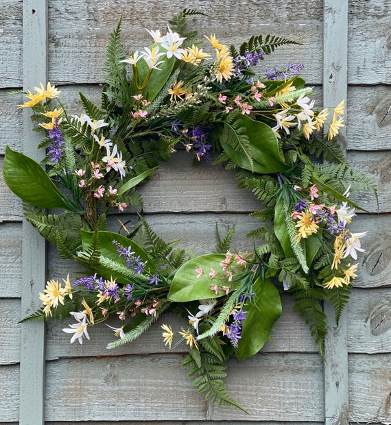 Wildflower Wreath, Faux Flowers, Spring Green Season, Round