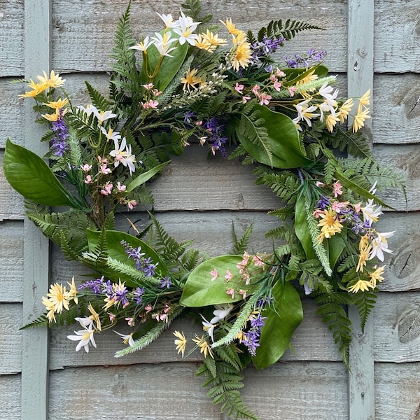 Country Bloom Door Wreath, Fern & Wildflowers, Spring theme, Round, For The Front Door, Wedding, Decoration, Artificial Flower, 61cm