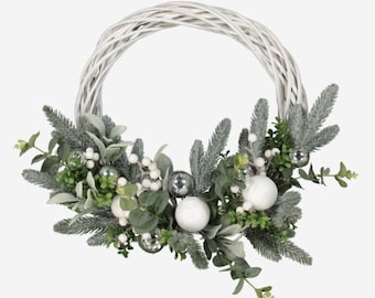 White & Silver Artificial half Wreath 37x37cm, Christmas decoration, Winter, wall or door hung, woodland, Frosted - (TK032)
