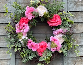 Country Bloom Door Wreath, Fern, Foliage Wildflower, Spring theme, Poppy, Peony, Rose, Door, Wedding, Decoration, Artificial Flower, large