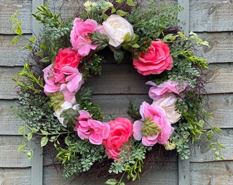 Country Bloom Door Wreath, Fern, Foliage Wildflower, Spring theme, Poppy, Peony, Rose, Door, Wedding, Decoration, Artificial Flower, large