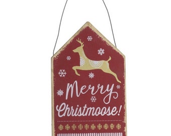 Merry Chtistmoose Wooden Wall hung sign for Christmas decoration. Nature, log cabin, outdoors, woodland