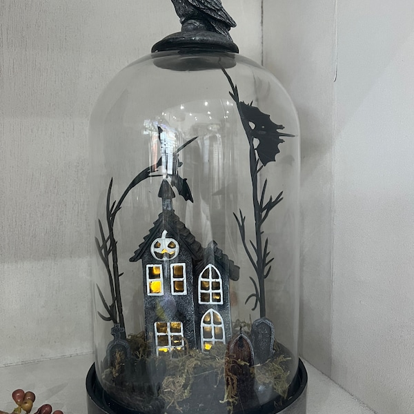 Spooky house Halloween glass dome, light up, indoor or outdoor decoration, pumpkin, bat, haunted house, fall, door, entryway display