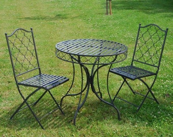 Grey Moroccan 3 piece metal bistro set, round table and 2 chairs, outdoor furniture, dining set, garden, antique, shabby chic style