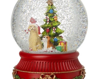 Woodland forest, Musical Christmas Tree & Dog Snowglobe, winter wonderland, home decor, gift, personalised, traditional, keepsake