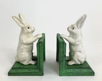 Cast Iron White Rabbit Bookends | Heavy Vintage Style Book Ends | Alice in Wonderland Decor | Gift for Book Lovers | Cottagecore Home