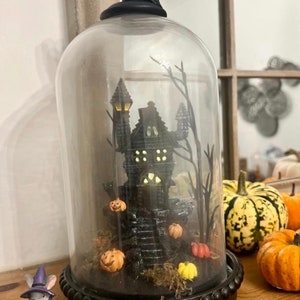 Spooky house Halloween glass dome, light up, indoor or outdoor decoration, pumpkin, bat, haunted house, fall, door, entryway display