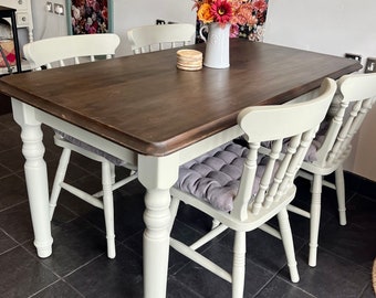 SOLD Dining set farmhouse style 4 chairs and table, seats 4-6 people, painted fusion mineral paint colour Eucalyptus, dark table top stain