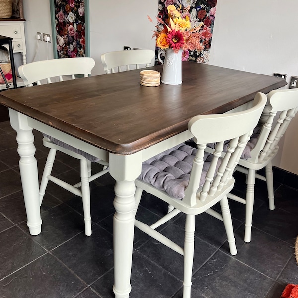 SOLD Dining set farmhouse style 4 chairs and table, seats 4-6 people, painted fusion mineral paint colour Eucalyptus, dark table top stain