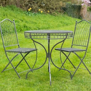 Dark Grey 3 piece metal bistro set, round table and 2 chairs, outdoor furniture, dining set, garden, antique, shabby chic style
