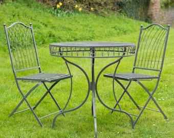 Dark Grey 3 piece metal bistro set, round table and 2 chairs, outdoor furniture, dining set, garden, antique, shabby chic style