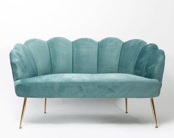 Soft Blue Velvet Petal Sofa With Gold Legs, 2-3 seater, couch, love seat, pastel, conservatory, living room, bedroom
