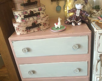 SOLD Chest of draws, bedside table, storage, sideboard, 2 draw chest, nursery, baby storage, playroom furniture, pink and grey, distressed