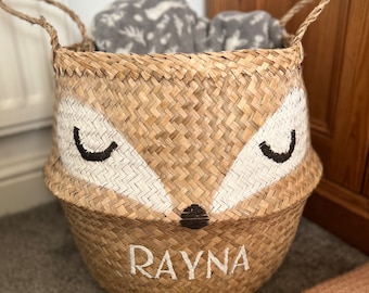 Seagrass basket, fox design, woodland, kids, nursery, storage, blankets, toys, washing, laundry, personalised, cream, baby, interior, bast