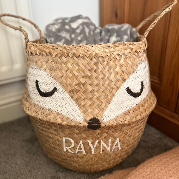 Seagrass basket, fox design, woodland, kids, nursery, storage, blankets, toys, washing, laundry, personalised, cream, baby, interior, bast