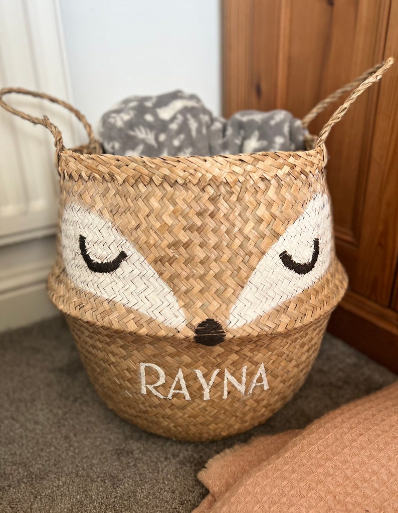 Seagrass basket, fox design, woodland, kids, nursery, storage, blankets, toys, washing, laundry, personalised, cream, baby, interior, bast 