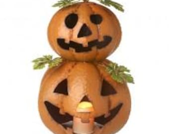 Metal Pumpkin stack of 2 design ornament, for display, candy, haunted, decoration, carved, face, spooky, jack-o'-lantern, battery operated