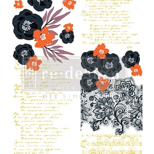 Könnte beinhalten: Ein digitales Papierpaket mit einem schwarzen und weißen Spitzenmuster, schwarzen und orangefarbenen Blumenmustern und handschriftlichem Text in Gold. Der Text enthält ein Gedicht und Noten.