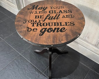 Side table, wine lover slogan, wood, small table, handmade, one off, furniture, small table, bedroom, living room