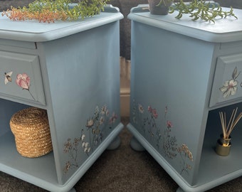 SOLD Set of 2 bedside tables, night stand with drawer, storage, bedroom, side tables, floral, Dixie belle, prima, blue, spring, Laura Ashley