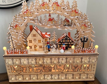 LED Christmas wooden advent calendar village, light up, adult and children, countdown December 1st, reindeer santas sleigh, wood keepsake