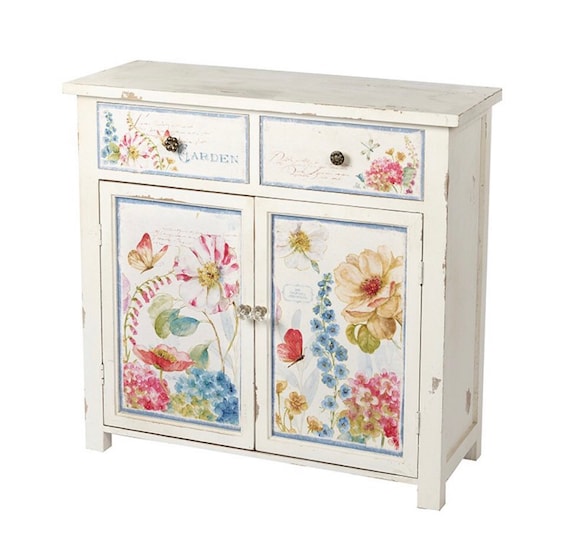 SOLD OUT Floral design sideboard. Country shabby chic distressed flower meadow spring furniture wood storage dining room bedroom