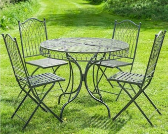 5 piece metal bistro set, round table and 4 chairs, outdoor furniture, dining set, garden, umber grey