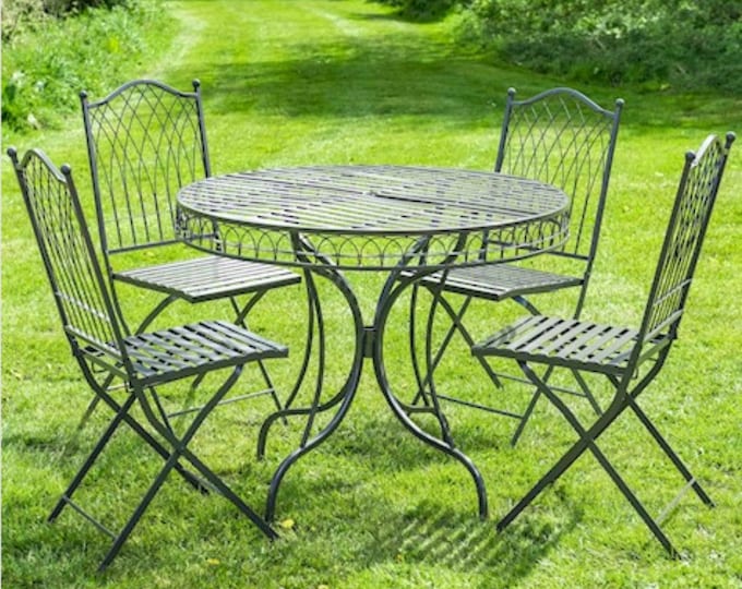 Featured listing image: 5 piece metal bistro set, round table and 4 chairs, outdoor furniture, dining set, garden, umber grey