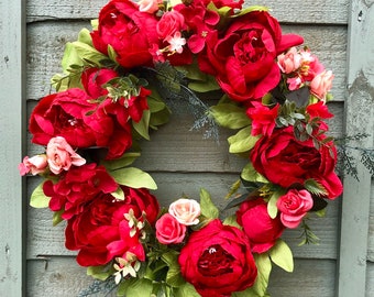 Red Door Wreath, Round, For The Front Door, Wedding, Home, Decoration, Artificial Flower, Wreath Peony, 16inch, Christmas gift