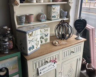 SOLD Shabby chic traditional / country style distressed Dutch Dresser, Sideboard Storage, Rounded Top, cootted cream, old white