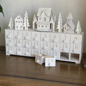 Christmas wooden advent calendar village scene, with moving train, adult and children alike, countdown, December 1st, white wood keepsake