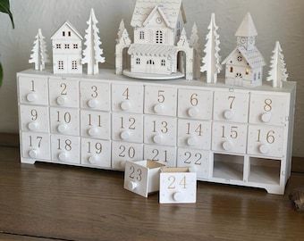 Christmas wooden advent calendar village scene, with moving train, adult and children alike, countdown, December 1st, white wood keepsake