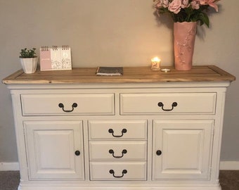 SOLD Sideboard, solid hardwood, cupboard, storage, living room, dining room, hand painted in farrow & ball elephants breath rustoleum chalk