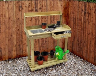 Wooden Potting Table, Garden, Steel Tray, Single Drawer, FSC Certified Timber, Green House, Home Grown, Plants, Outdoor