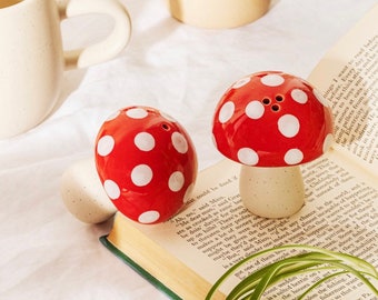 Red Mushroom Salt And Pepper Set, tableware, kitchenware, condiment, home grown, garden lover, hand painted, allotment, mothers day