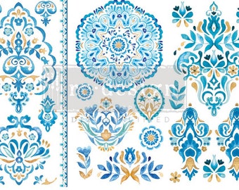 Artisinal Tile Furniture Decor Transfer, 12" x 6" Dixie Belle Re-Design with Prima, Chalk Mineral Paint, Paisley, Patterned, Print, Blue