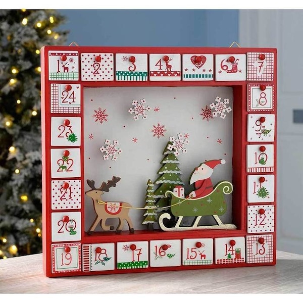 Christmas wooden advent house, adult and children alike, countdown to Christmas, December 1st, reindeer, sleigh, Father Christmas