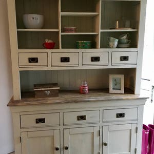 SOLD Shabby chic solid / hard wood welsh dresser, top and bottom, complete unit. Hand painted in antique white, clotted cream. Can be custom