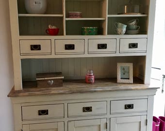 SOLD Shabby chic solid / hard wood welsh dresser, top and bottom, complete unit. Hand painted in antique white, clotted cream. Can be custom