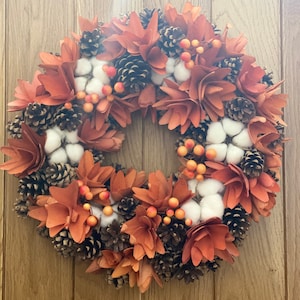 Fall Autumn artificial wreath decoration, wall door hung, harvest decor, farmhouse, cotton wood design large garland ornament, thanks giving image 1