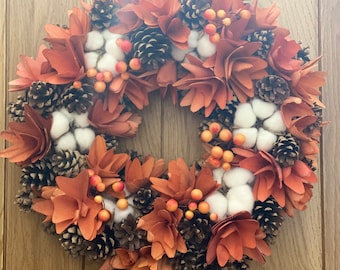 Fall Autumn artificial wreath decoration, wall door hung, harvest decor, farmhouse, cotton wood design large garland ornament, thanks giving
