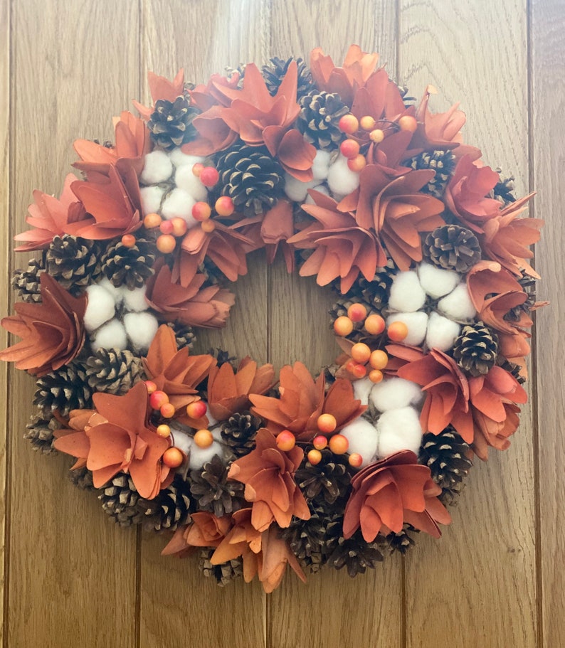 Fall Autumn artificial wreath decoration, wall door hung, harvest decor, farmhouse, cotton wood design large garland ornament, thanks giving image 1