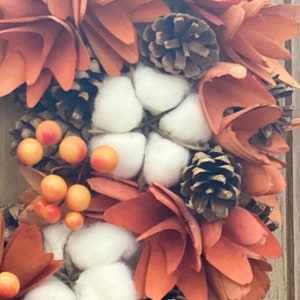 Fall Autumn artificial wreath decoration, wall door hung, harvest decor, farmhouse, cotton wood design large garland ornament, thanks giving image 3