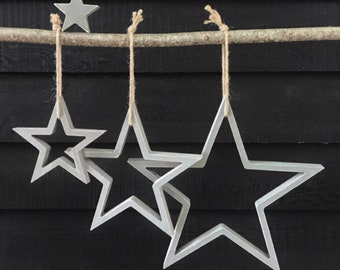 Wooden stars set of 4, outlined and block, wall decor, man cave, she shed, grey and natural, hand painted, can be customised