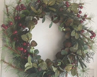Extra large Christmas wreath decoration red berry wreath with rustic traditional bells, eucalyptus, and pine / spruce, wall or door hung