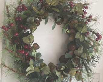 Extra large Christmas wreath decoration red berry wreath with rustic traditional bells, eucalyptus, and pine / spruce, wall or door hung