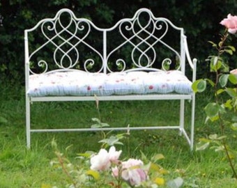 Cream Queens Vintage Metal Garden Bench, Love Seat, Garden Furniture, patio bench, French style, farmhouse, outdoor seating, shabby chic
