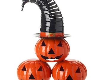 3 Stacking Metal Pumpkins With Hat design ornament, for display, candy, haunted, decoration, carved, face, spooky, jack-o'-lantern