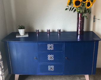 SOLD Vintage retro midcentury sideboard by Neil Morris of Glasgow Cumbrae furniture painted dark royal blue with blush gold mandala stencils