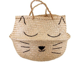 Cat design seagrass storage basket, home decor, natural, neutral home decor, animal lover, cat lover